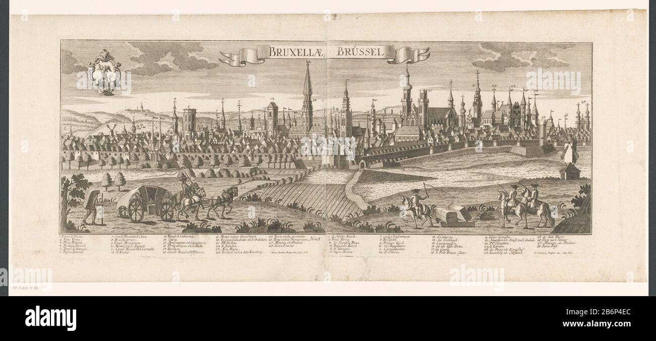 Vista di Bruxelles in primo piano figura cavallo, un carro e un camminatore. Sopra, al centro, con un titolo banderolo. In alto a sinistra un cartouche con le braccia di Bruxelles. Sotto l'immagine due leggende 1-28, a sinistra in latino, a destra in tedesco creatore di fabbricazione: Stampatore Marc Abraham Ruprecht (edificio elencato) Editore: Johann Christoph Hafner (proprietà elencata) Luogo di fabbricazione: Augsburg Data: 1743 - 1754 Caratteristiche Fisiche: Incisione e engra; stampato su due fogli sul materiale dei due fogli: Carta Tecnica: incisione / engra (processo di stampa) / incolla dimensioni: bordo lastra: h 276 mm (compreso o Foto Stock
