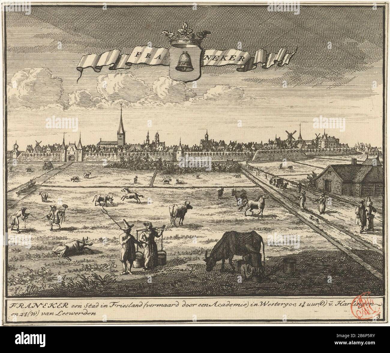 Gezicht op Franeker Stadsgezichten uit Friesland (seriettel) Vista della città di Franeker Dove: Splende sopra una banda recante il nome e lo stemma della città. Nel margine sono presenti due righe di testo in olandese, completamente contrassegnate in basso a destra: 3. La stampa fa parte di una serie di stampe di paesaggi urbani in diverse città di Friesland. Produttore : stampatore Jacob Folkema (edificio elencato) editore: Abraham Allard ( elencato sull'oggetto) fornitore di privilegio sconosciuto luogo produzione: Amsterdam Data: 1702 - 1725 caratteristiche Fisiche: Materiale di incisione: Tecnica di carta: Dimensioni di incisione: Foglio: Foto Stock
