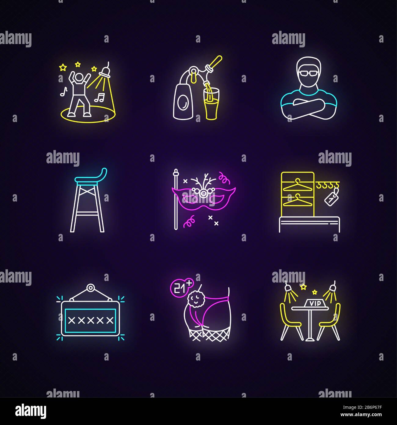 Set di icone di luci al neon per il tempo libero del night club. Nightclub party, clubbing stile di vita segni con effetto esterno incandescente. Stabilimento di ballo e di bere Illustrazione Vettoriale