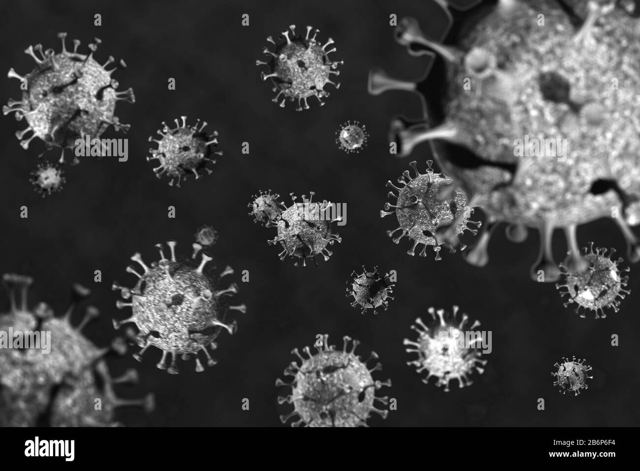Rendering 3d concettuale in bianco e nero del nuovo coronavirus 2019-nCov al microscopio. Pandemia, contagio, assistenza sanitaria e vaccini Foto Stock