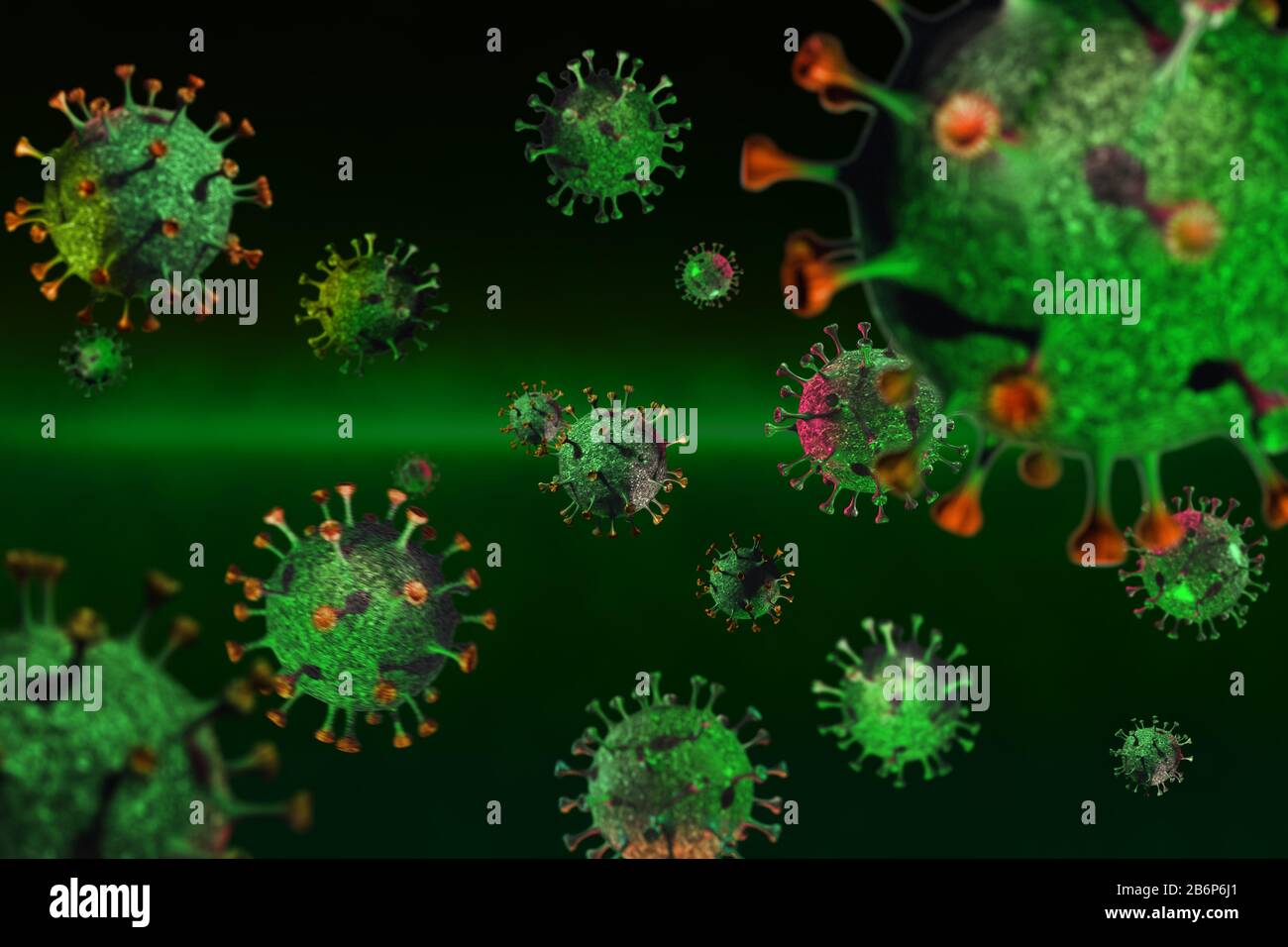 Rendering 3d concettuale del nuovo coronavirus 2019-nCov closeup al microscopio su sfondo verde. Pandemia, contagio, sanità e conce vaccinali Foto Stock