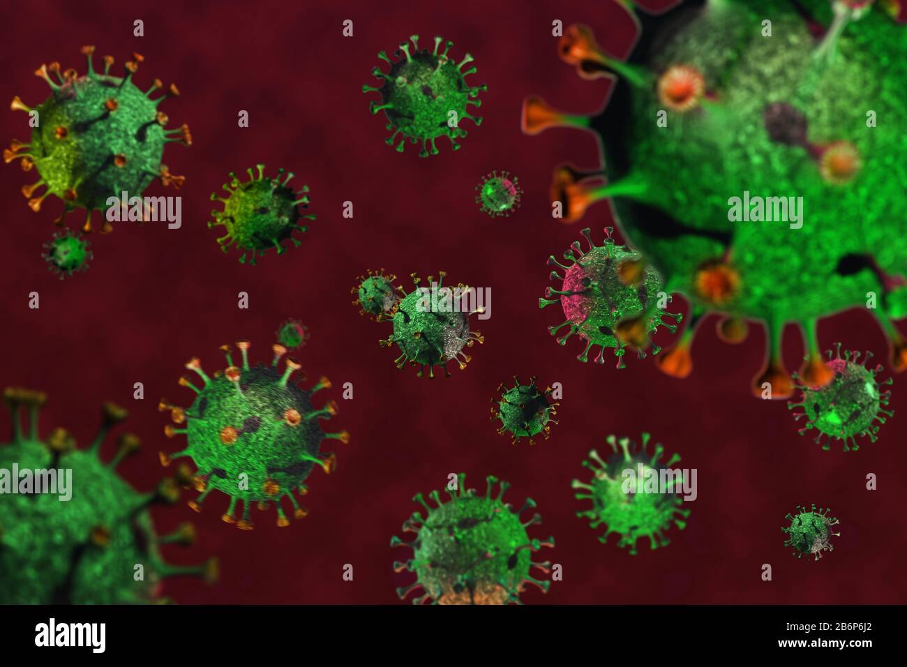Closeup del nuovo coronavirus 2019-nCov nel sangue al microscopio, rendering concettuale 3d. Pandemia, contagio, assistenza sanitaria e vaccini Foto Stock