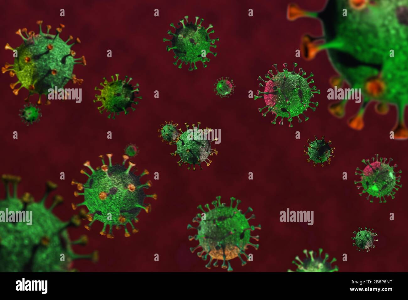 Closeup di nuovo coronavirus 2019-nCov al microscopio su sfondo rosso sangue, rendering concettuale 3d. Pandemia. Salute e concetti di vaccino Foto Stock
