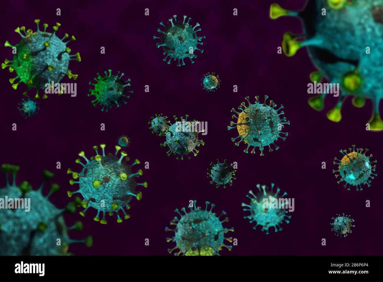 Rendering 3d concettuale del nuovo coronavirus 2019-nCov closeup al microscopio su sfondo viola scuro. Pandemia, contagio, sanità e vaccini Foto Stock