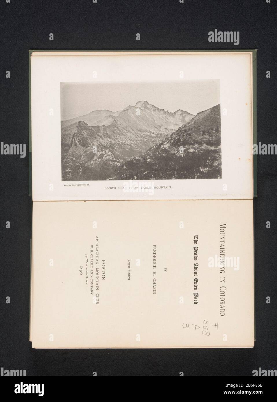 Gezicht op Longs Peak in het Rocky Mountain National Park Long's Peak from Table Mountain (titel op Object) View of Longs Peak in Rocky Mountain National Park Long's Peak from Table Mountain (title Object) Property Type: Photomechanical print page Item number: RP-F 2001-7-900-1 Manufacturer : Photographer: Frederick H. Chapin (edificio elencato) clichémaker: Boston Photo Engra Company (proprietà quotata) Fabbricazione Di Posti: Fotografo: Rocky Mountain National Parkclichémaker: Boston Data: CA. 1885 - o per 1890 Materiale: Carta Tecnica: Misure di pressione leggera: Stampato: H 87 mm × W 140 MMT Foto Stock