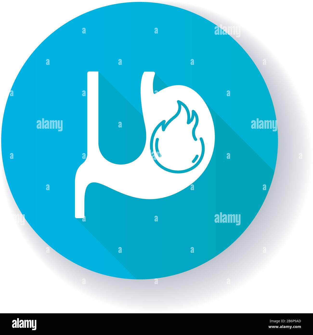 Heartburn blu piatto design lungo ombra icona glifo. Mal di stomaco. Intossicazione alimentare. Problema gastrointestinale. Infiammazione dell'organo. Primo segno di Illustrazione Vettoriale