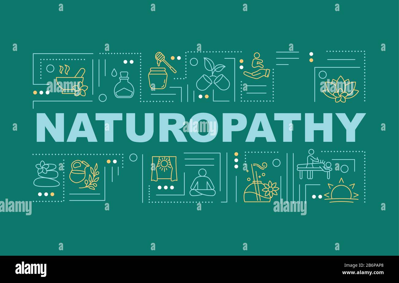 Naturopatia parola concetti banner. Medicina naturopatica. Pratiche pseudoscientifiche. Infografiche con icone lineari su sfondo verde. Isolato Illustrazione Vettoriale