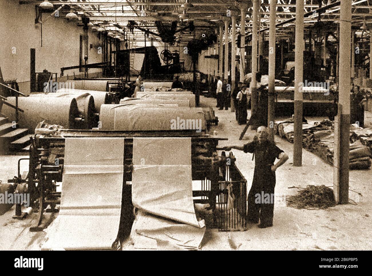 Una fotografia iniziale che mostra un lavoratore in una fabbrica di iuta a Dundee, in Scozia mettendo un panno di sacking attraverso una macchina di taglio. Nel corso della fine del 1800s, più della metà della forza lavoro di Dundee lavorò nel settore tessile (principalmente jute). La iuta era poco costosa e resistente all'usura ed era ideale per sacchi, borse, sacchi di sabbia, materiali di imballaggio e persino coperture del carrello (come quelli usati dai pionieri selvaggi dell'ovest). Durante la maggior parte del tempo, la maggior parte delle femmine ha lavorato nell'industria guadagnando un uomo di salario non poteva eguagliare, Di Conseguenza gli uomini sono rimasti a casa come 'casa-mariti' e sono stati conosciuti localmente come bollitore bilers (bollitore caldaie). Foto Stock