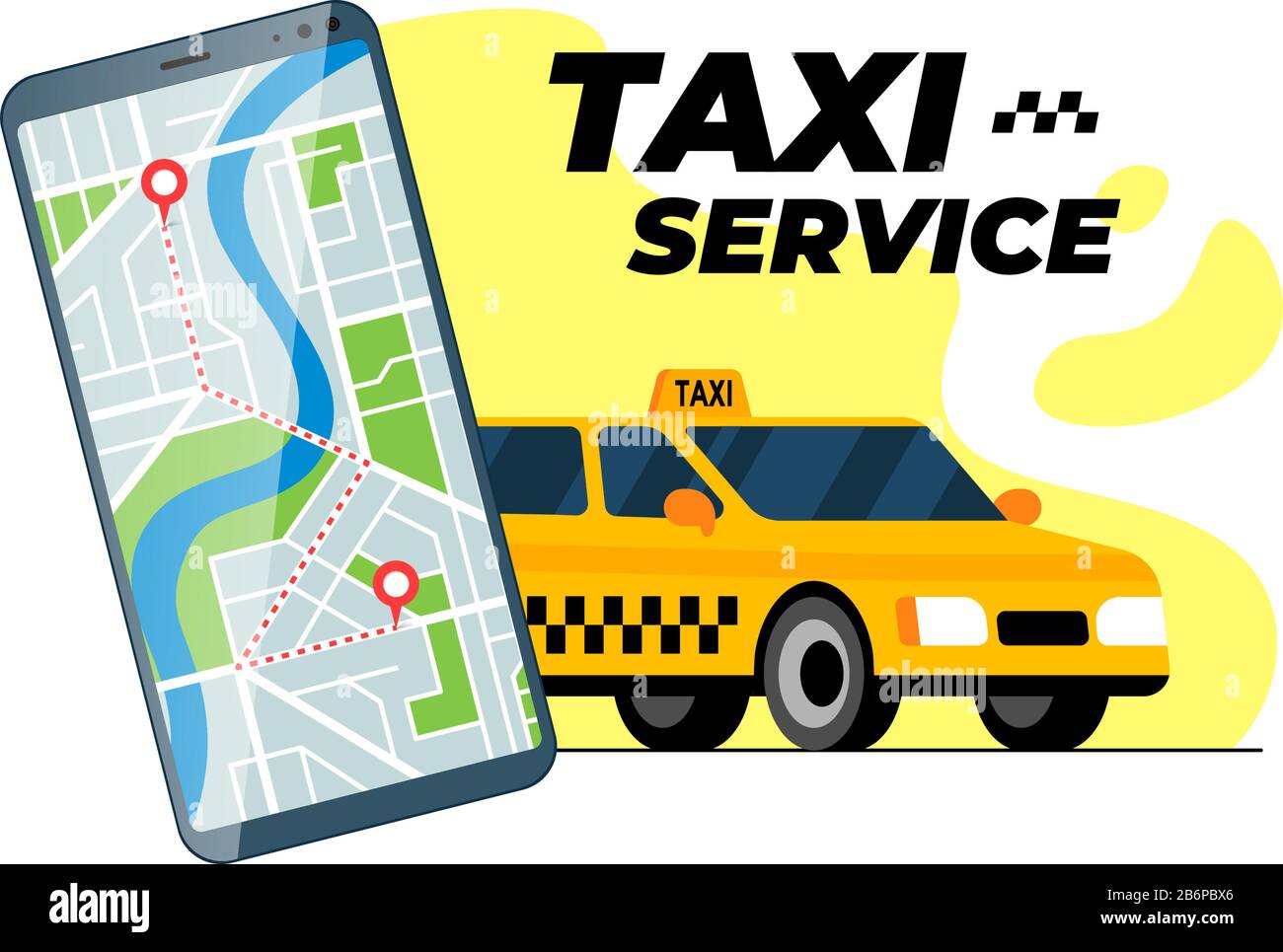 Smartphone con percorso di trasferimento in taxi e geotag gps posizione pin indirizzo di arrivo sulla mappa della città. Concetto di applicazione online per il servizio di ordinazione dei taxi. Visualizzare l'illustrazione vettoriale dell'applicazione di posizionamento Taxicab gialla Illustrazione Vettoriale