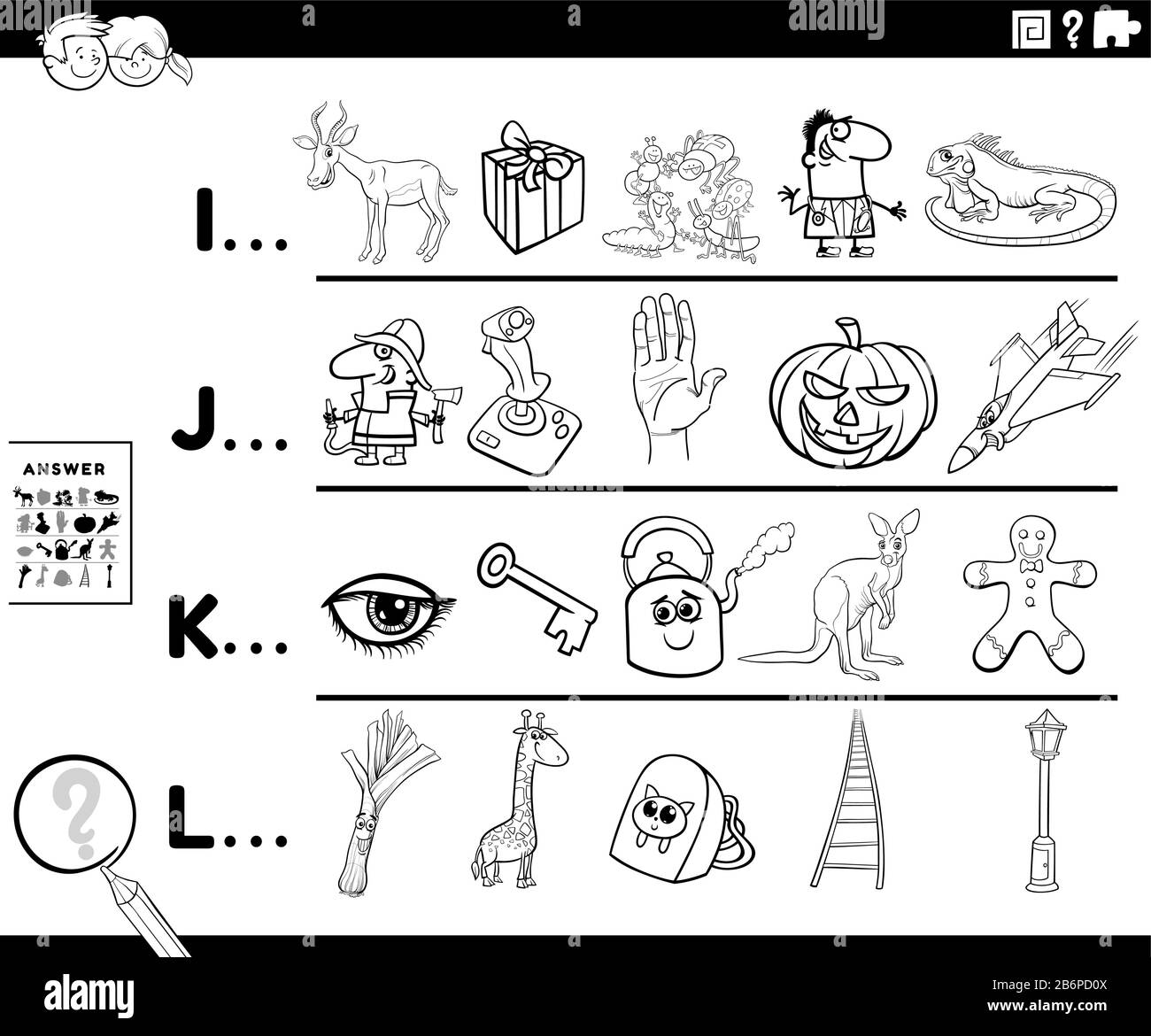 Cartoon bianco e nero Illustrazione di Trovare immagini A Partire dalla lettera Di Riferimento foglio di lavoro di attività educativa per prescolare o scuola elementare K Illustrazione Vettoriale