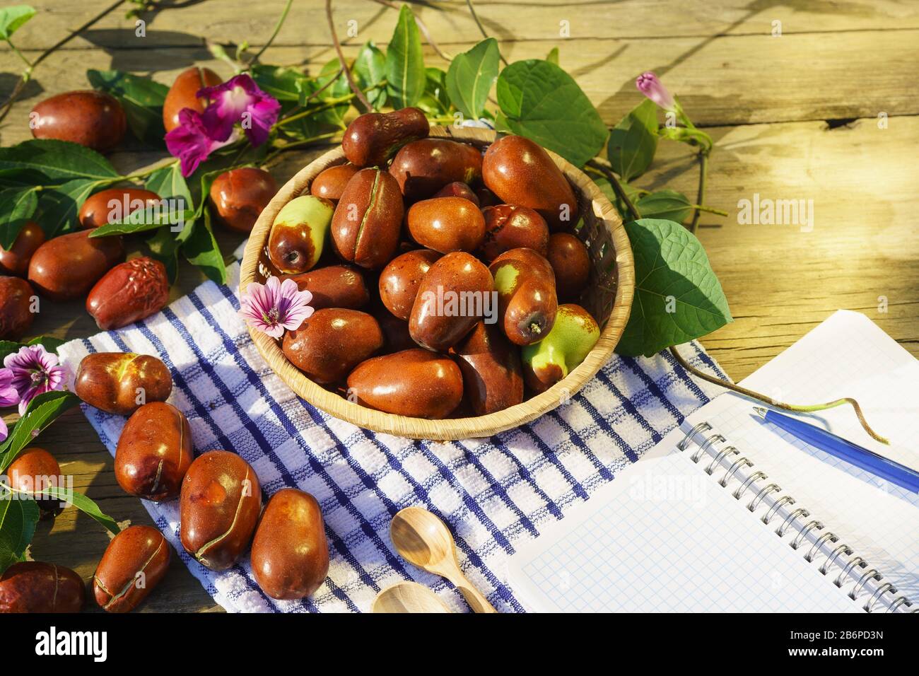 Cestino di vimini con frutti di Ziziphus reali, ciottoli, unabi, capiente, marmellata, capiinit, jojoba, data cinese e Notepad per i record nei raggi o Foto Stock