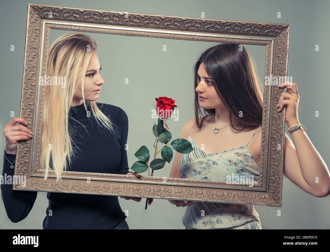Ritratto di due belle giovani donne con una cornice di immagine e rosa Foto Stock