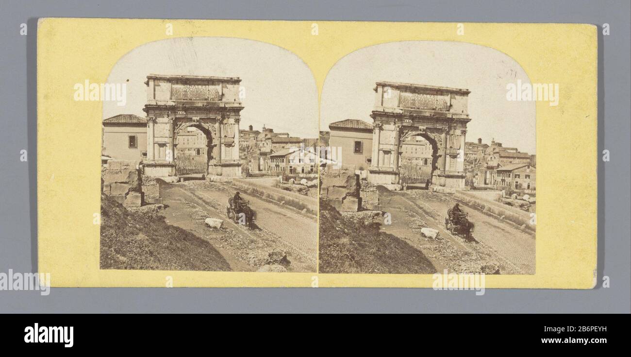 Gezicht op de Boog van Tito te Rome, met op de voorgrond een paardenkoets Vista dell'Arco di Tito a Roma, in primo piano un cavallo tipo di oggetto: Stereo picture numero articolo: RP-F F07185 Iscrizioni / marchi: Iscrizione vero, manoscritto: 'Arc de Tito Rome' Produttore : fotografo: Fabbricazione in luogo anonimo: Forum Romanum Dating: CA. 1850 - ca. 1880 caratteristiche Fisiche: Albume materiale di stampa: Carta di cartone Tecnica: Albumina dimensioni della pressione: Supporto secondario: H 85 mm × W 170 mm Oggetto: Arco trionfale a quattro ruote, veicolo trafilato da animali, ad esempio: Cabina, trasporto, pullman dove Foto Stock