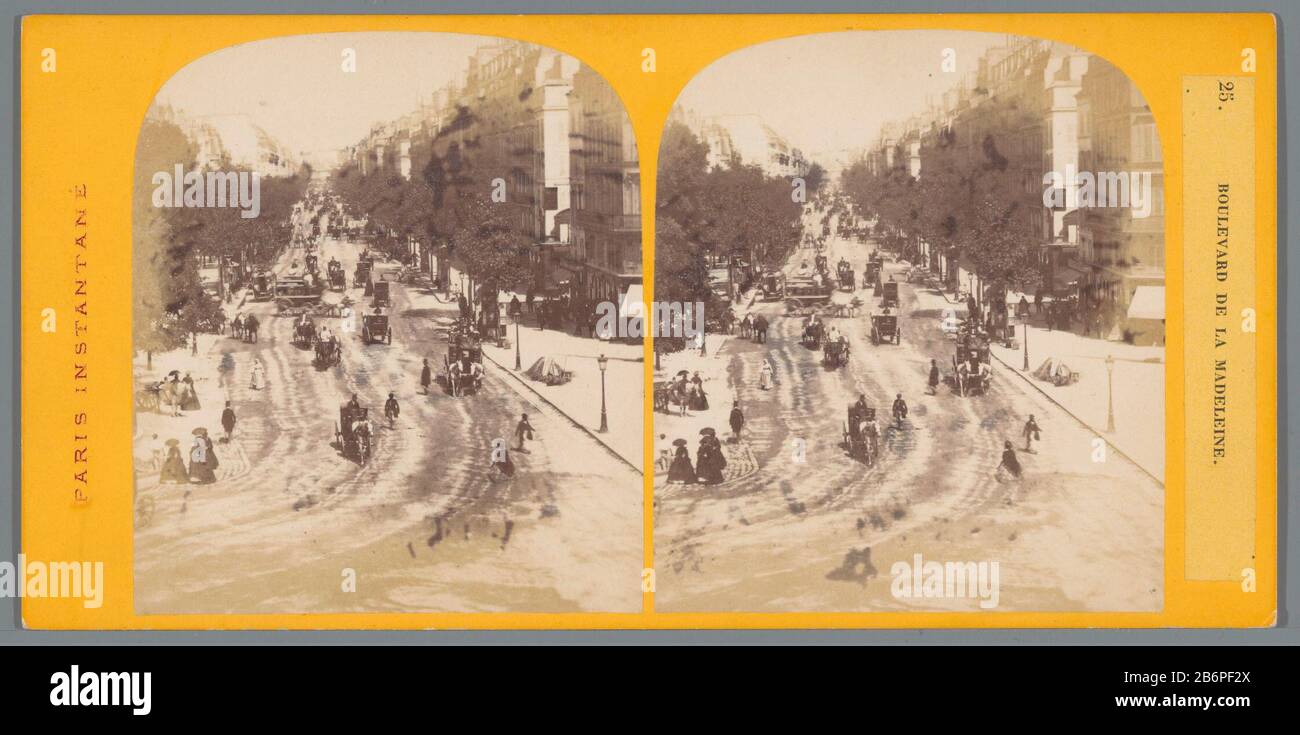 View of the Boulevard de la Madeleine in Paris Boulevard de la Madeleine (title object) Paris Instantané (series title object) Property Type: Stereo picture Item number: RP-F F05643 Iscrizioni / marchi: Number, recto, printed: '25 .' Manufacturer : photographer: Anonymous location manufacture: Paris Dating: CA. 1850 - ca. 1880 Materiale: Carta fotografica, cartone Tecnica: Albumina pressione dimensioni: Supporto secondario: H 86 mm × W 176 mm Oggetto: Street traction animal, animal trait vehicle (carriage, etc.) dove: Boulevard de la Madeleine Foto Stock