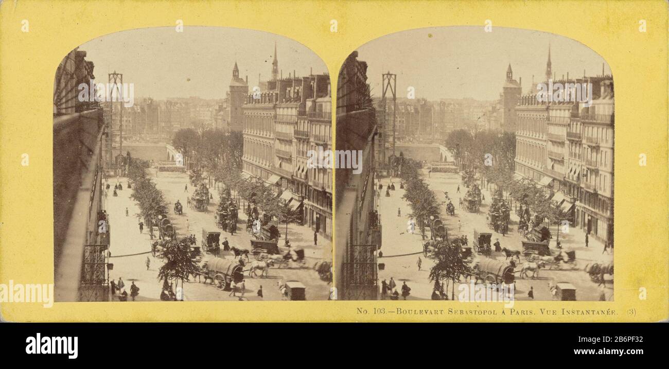 View of the Boulevard Sebastopol in Paris Property Type: Stereo picture Item number: RP-F 2012-96-299 Iscrizioni / marchi: Number, vero, sticker, 'D [...] 65 'Card on another number geplakt. Produttore : fotografo: Anonymous location manufacturing: Paris Dating: CA. 1860 - ca. 1880 caratteristiche Fisiche: Albume materiale di stampa: Carta fotografica, cartone Tecnica: Albumina dimensioni pressione: Supporto secondario: H 83 mm × W 173 mm Oggetto: Strada (+ città (-paesaggio) con cifre , staffaggio) Dove: Parigi Boulevard Sébastopol Foto Stock