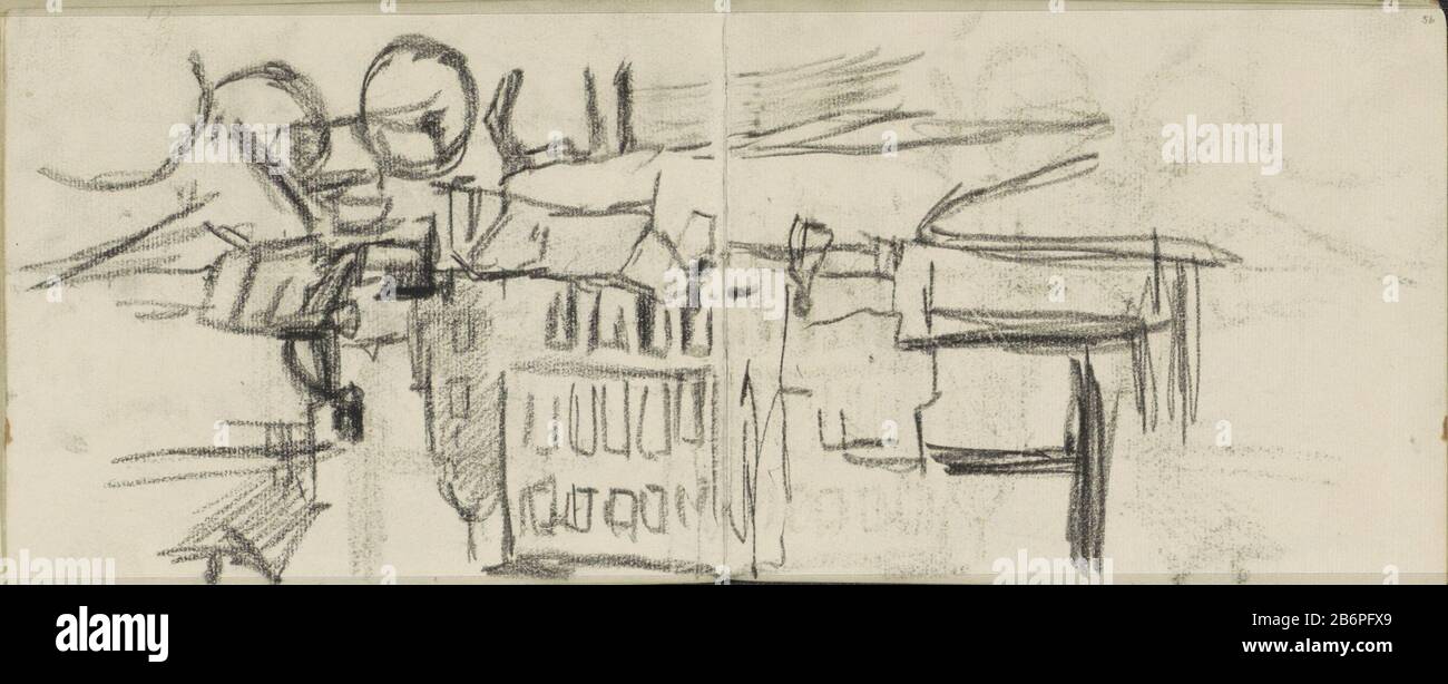 Gezicht op de Dam te Amsterdam ha incontrato rijtuigen Visto dalla Exchange Zochre. Sullo sfondo il Palazzo reale e la Chiesa Nuova. Pagina 55 e pagina 56 di uno sketchbook con 32 bladen. Produttore : artista George Hendrik Breitner luogo di produzione: Amsterdam Data: 1886 - circa 1903 caratteristiche Fisiche: Gesso nero materiale: Gesso carta Oggetto: Quadrato, luogo, circo, ecc. (+ città (- paesaggio) con figure, staff) chiesa (esterno), quattro ruote, veicolo disegnato da animali, ad esempio: Cabina, carrozza, palazzo pullman dove: DaminkKonlijk Palace Amsterdam New Church Foto Stock