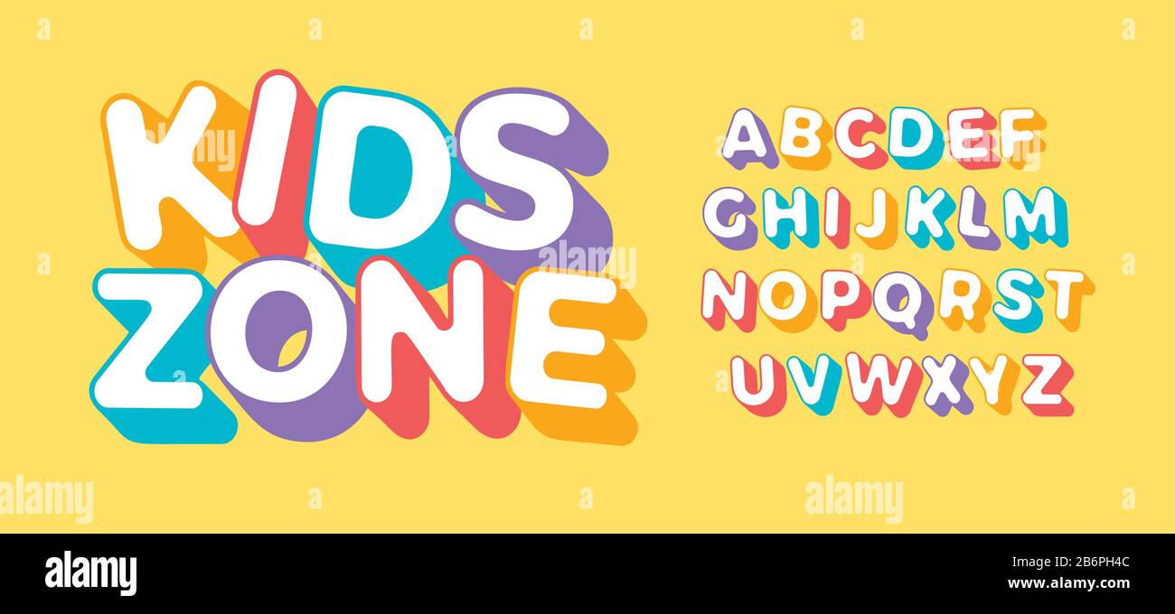 Set di lettere 3D per Kids zone. Font per bambini festa di compleanno, festa, logo dei bambini o colorato poster divertente. Alfabeto multi-colore semplice e piatto. Vettore Illustrazione Vettoriale