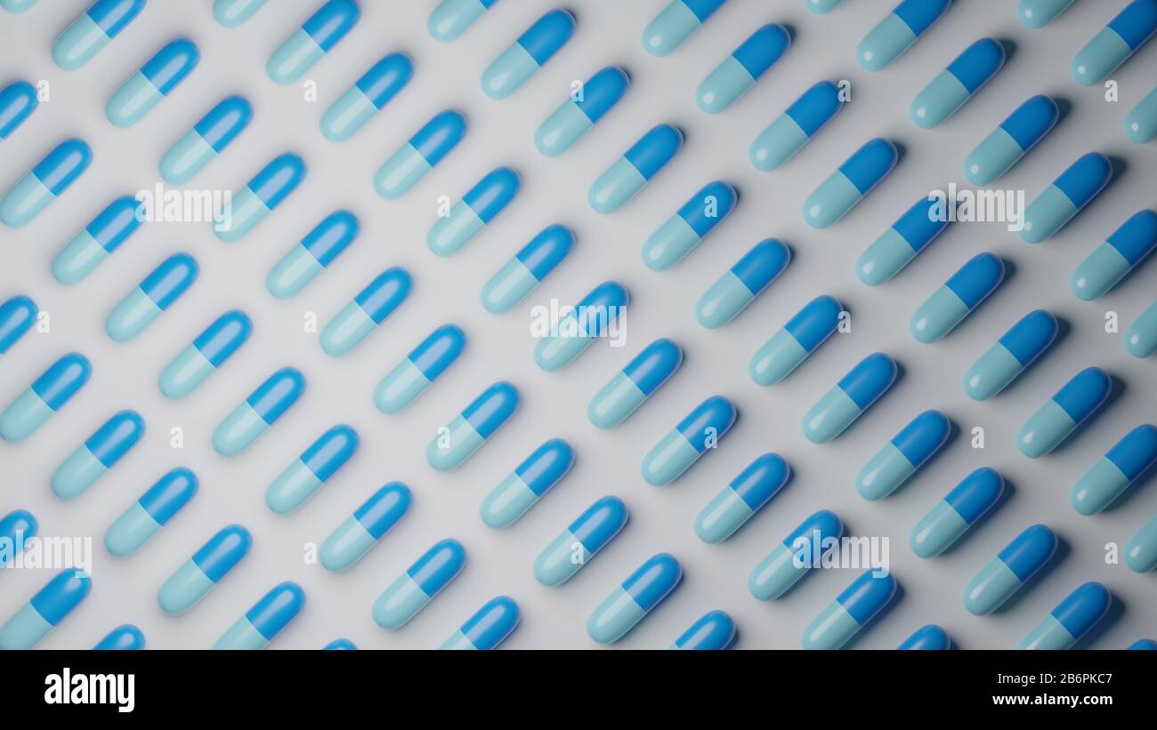 Pillole di colore azzurro su sfondo bianco. Industria farmaceutica, cure mediche, presciption drugs Concept. Rendering 3D digitale. Foto Stock