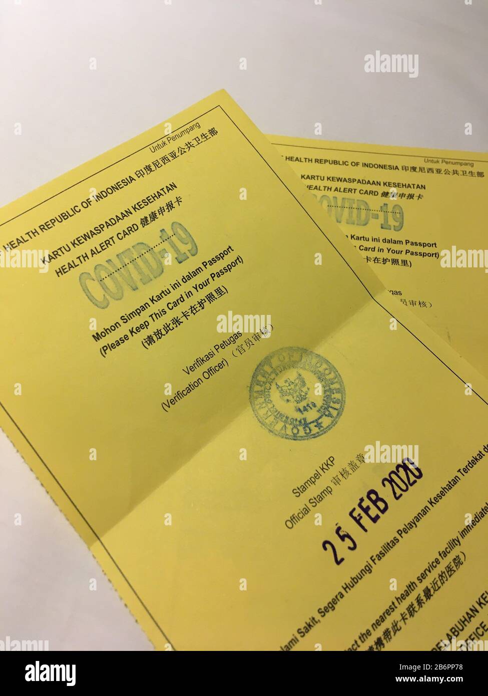 Coronavirus Health alert card data all'aeroporto di Bali all'arrivo Foto Stock