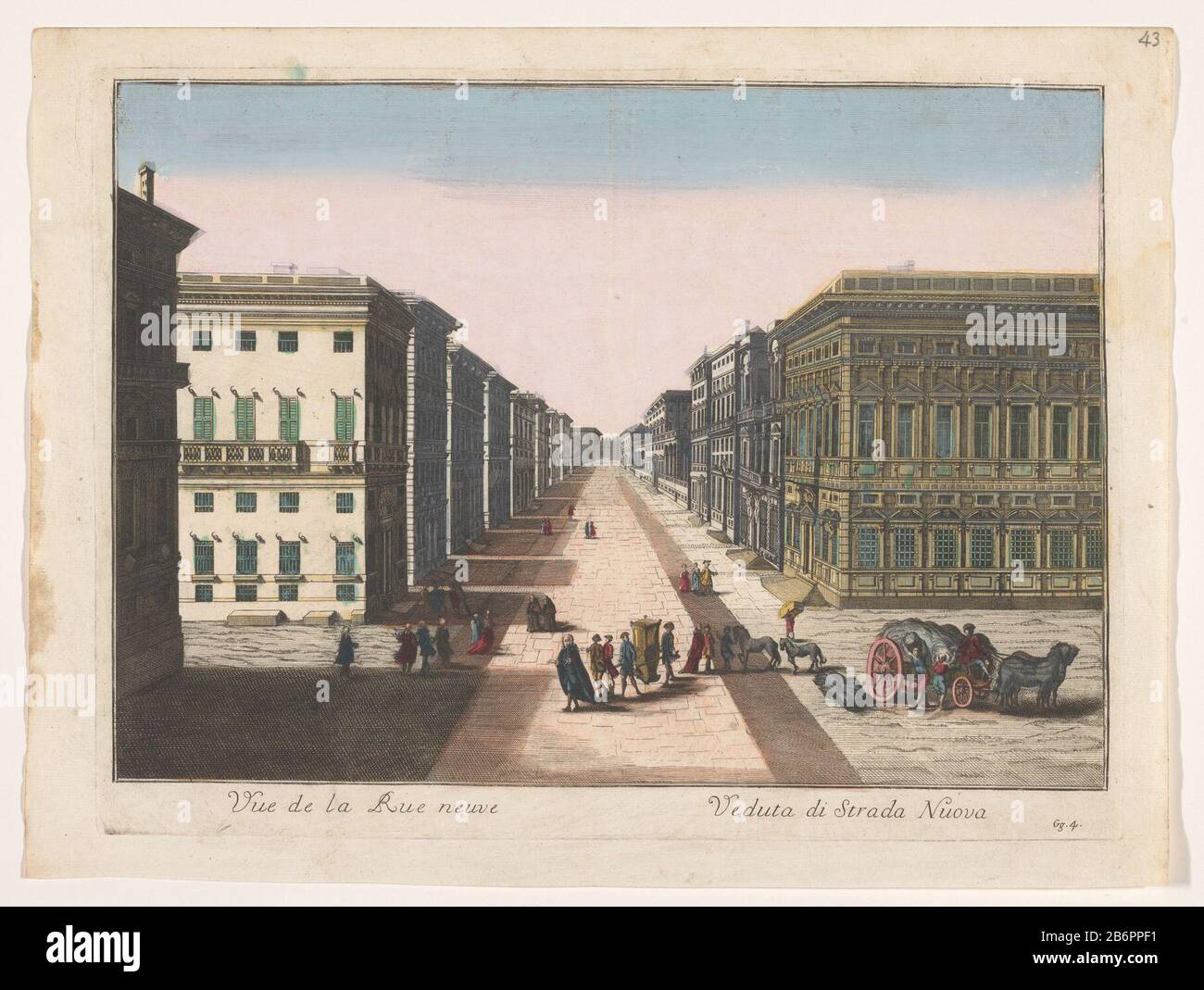 Gezicht op de strada Nuova te Genua Veduta di strada Nuova (titel op Object) Rechtsonder genummerd: Gg 4. Produttore : uitgever: Familie Remondini (toegeschreven aan)potentmaker: AnoniemPlats manufacturing: Uitgever: Bassano del Graphaprentmaker: Italië Dating: 1700 - 1799 Physical kenmerken: Ingekleurde ets Material: Papier waterverf Techniek: Etsen / penseel Dimensions: Plaatrand h 318 mm × 425 mm (numero di strada) (+ 425 mm) (+) Foto Stock