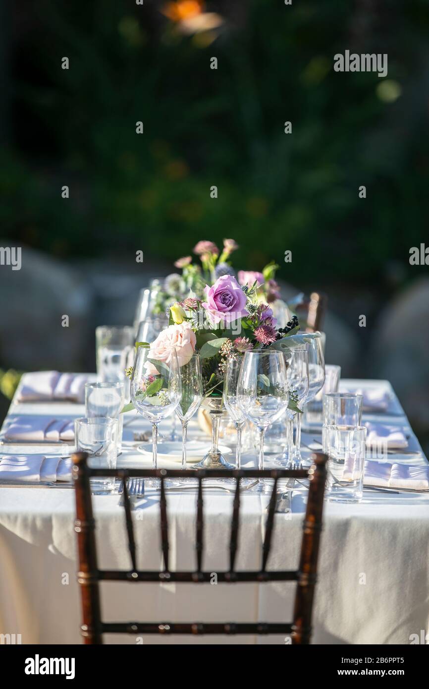 Set da tavolo per una festa di nozze con tovaglia bianca, bicchieri di cristallo e fiori in un ambiente esterno in un giardino Foto Stock