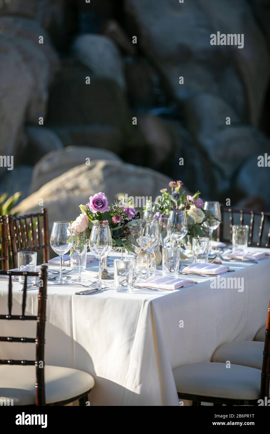 Set da tavolo per una festa di nozze con tovaglia bianca, bicchieri di cristallo e fiori in un ambiente esterno in un giardino Foto Stock