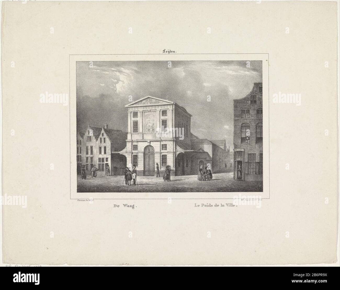Gezicht op de Waag a Leiden De Waag - le Poids de la Ville (titel op object) sulla piazza di fronte al Waag e le figure sotto L'Oms: Due soldati. L'edificio sulla destra è un uomo nella porta pende una donna dal raam. Produttore : printmaker: J.B. Cler Mans (edificio elencato) stampante: Desguerrois & Co. (Proprietà Quotata) Luogo di produzione: Amsterdam Data: 1826 - 1839 caratteristiche Fisiche: Litografia materiale: Tecnica della carta: Litografia (tecnica) dimensioni: Foglio: H 275 mm × W 346 mm Oggetto: Vista della città, e paesaggio con costruzioni artificiali (+ città (-paesaggio) con figure, Foto Stock