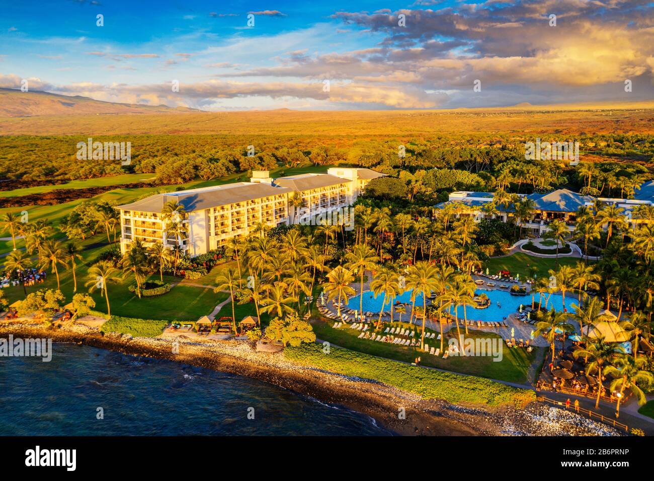 USA, Hawaii, Big Island, resort sulla costa occidentale, Pauoa Bay, Fairmont Orchid Hotel, vista aerea Foto Stock