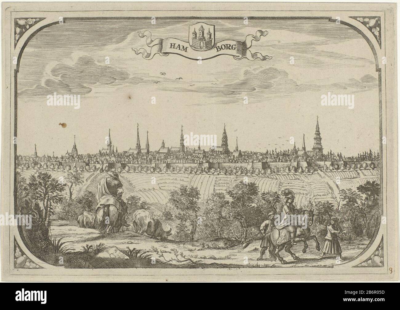 Gezicht op de stad Amburgo Vista della città di Amburgo da un pascolo fuori città ​​view. In primo piano, un pilota con due cacciatori e un pastore con mucche. Al centro dello stemma, e una fascia che porta il nome dello stadio. Produttore : stampatore: Adriaen Old Dijck (indicato sull'oggetto) Luogo di produzione: Olanda Data: 1668 caratteristiche Fisiche: Acquaforte e engra materiale: Carta Tecnica: Acquaforte / engra (processo di stampa) dimensioni: Bordo della lastra : h 195 mm × W 278 mm Oggetto: City-view in generale; 'Veduta' Foto Stock