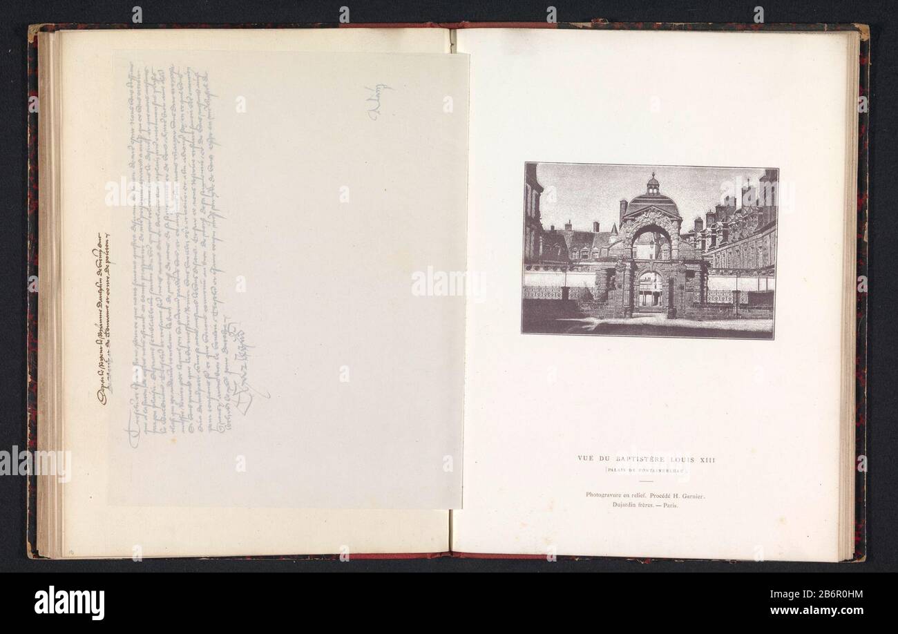 Vista dell'ingresso del castello di 0-2 bleauVue du Baptistère Louis XIII (Palais de Fontainebleau) (oggetto del titolo) Tipo Di Proprietà: Fotomeccanica stampa pagina numero articolo: RP-F 2001-7-165-11 Produttore : fotografo : anoniemclichémaker: Dujardin Frères (proprietà elencata) Fabbricazione Del Luogo: Fotografo: Ébleauclichémaker: Paris Data: CA. 1859 - caratteristiche o 1869 Fisico: Processo di goffratura e di incisione H. Garnier Materiale: Carta Tecnica: Dimensioni di fotoincisione: Stampa: H 98 mm × W 147 mmToelichtingPrent dopo pagina 40. Oggetto: façade (o casa o edificio) cancello interno Foto Stock