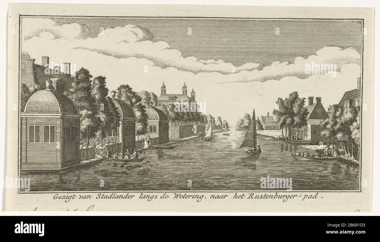 Gezicht op de wetering bij het Rustenburgerpad Gezigt van Stadlander langs de Wetering, naar het Rustenburger - pad (titel op Object) Vista dalla Città di Lander Bridge sul corso d'acqua a Rustenburgerpad ad Amsterdam. A sinistra e a destra del corso d'acqua si trovano case con giardini adiacenti. In alcuni dei giardini si trovano figure. Sulle rive del wetering ci sono diverse barche ormeggiate, e nel mezzo della vela acqua a scheepje. Produttore : stampatore: Gerardus CondetPlats prodotto: Amsterdam Data: 1725 - 1764 caratteristiche Fisiche: Acquaforte materiale: Carta Tecnica: Acquaforte d Foto Stock