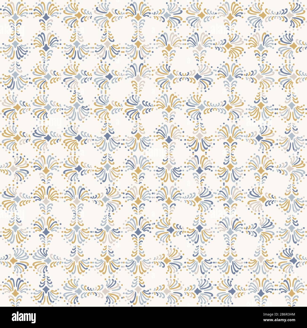 trench shabby chic azulejos piastrella vettore texture sfondo. Griglia trellis blu giallo su disegno senza cuciture bianco. Interno a mosaico quadrato disegnato a mano Illustrazione Vettoriale