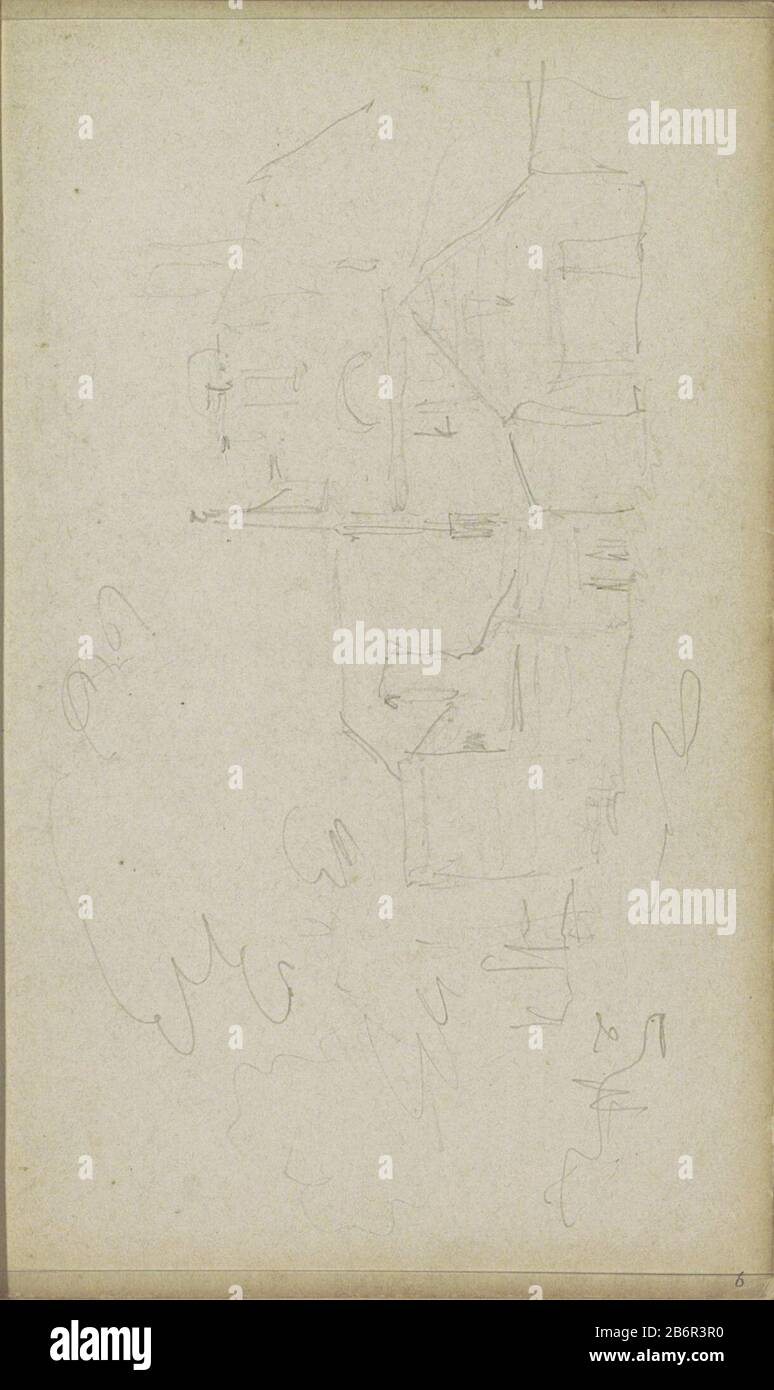 Gezicht op een gebouw met een trapgevel Vista di un edificio con un tipo di oggetto a timpano: Schizzbook foglio numero articolo: RP-T-1996-10-6 (R) Descrizione: Vista di un edificio con un timpano. Links alberi. Pagina 6 recto da uno sketchbook con 69 lame realizzato vicino Delft, Rotterdam, Oudewater e Harlingen. Produttore : artista: Adrian Evers Place prodotto: Netherlands Data: CA. 1828 - 1897 caratteristiche Fisiche: Matita materiale: Carta matita Oggetto: Fattoria o casa solitaria in paesaggio e. Foto Stock