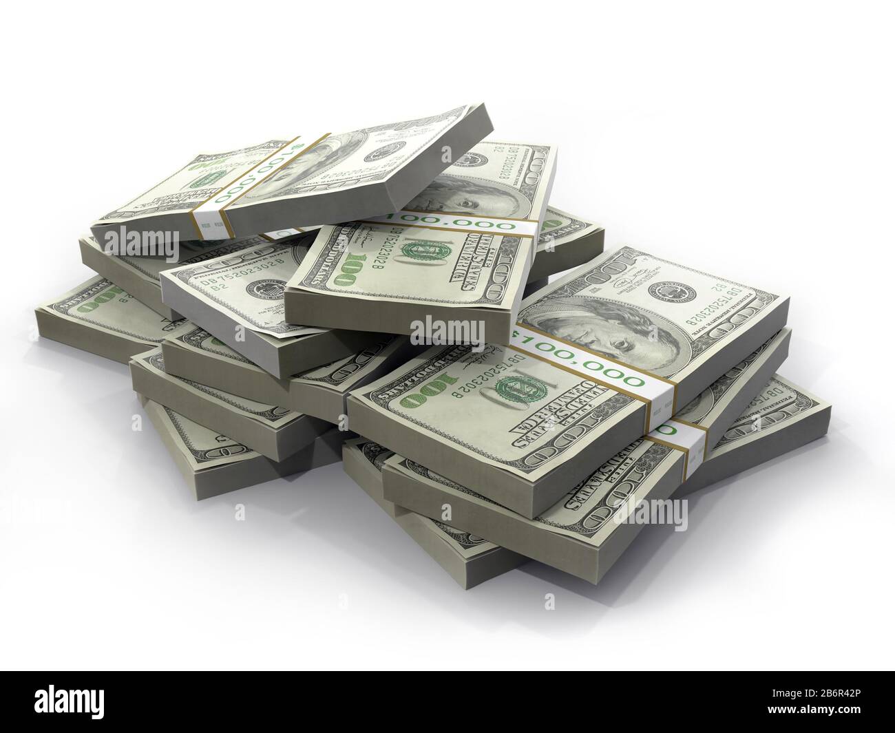 3D rendering di pile di banconote da 100 dollari wads su bianco Foto Stock