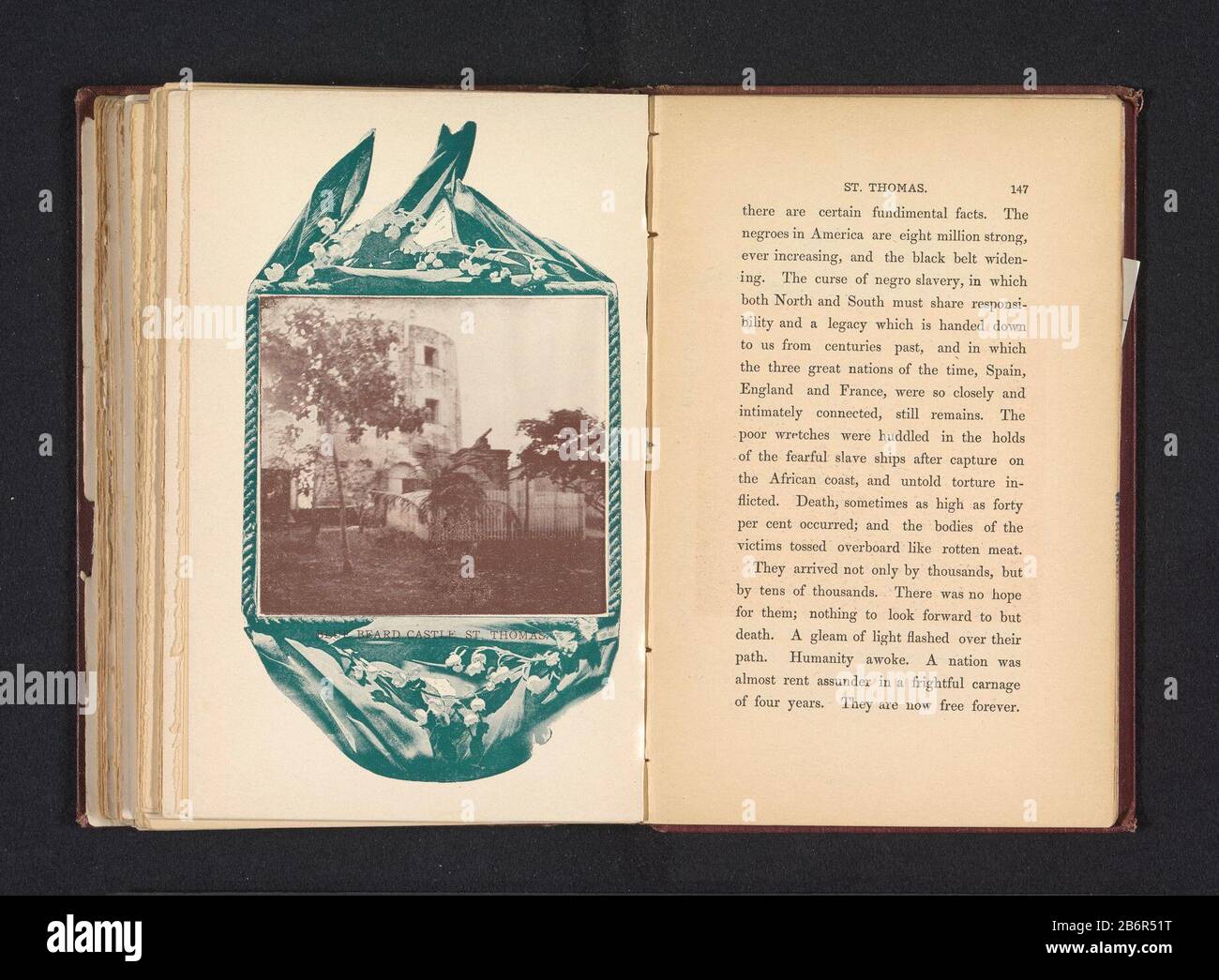 Gezicht op een kasteel op Saint Thomas Blue Beard Castle, St Thomas (titel op Object) Postcard stampata in cornice separata con bloemen. Produttore : creatore : Anonymous place manufacturing: Saint Thomas Dating: CA. 1892 - o per 1902 Materiale: Carta Tecnica: Autotipia dimensioni: Stampa: H 75mm × W 82 mmToelichtingPrent pagina anteriore 147. Oggetto: Alberi del castello dell'isola: Albero di palma dove San Tommaso Foto Stock
