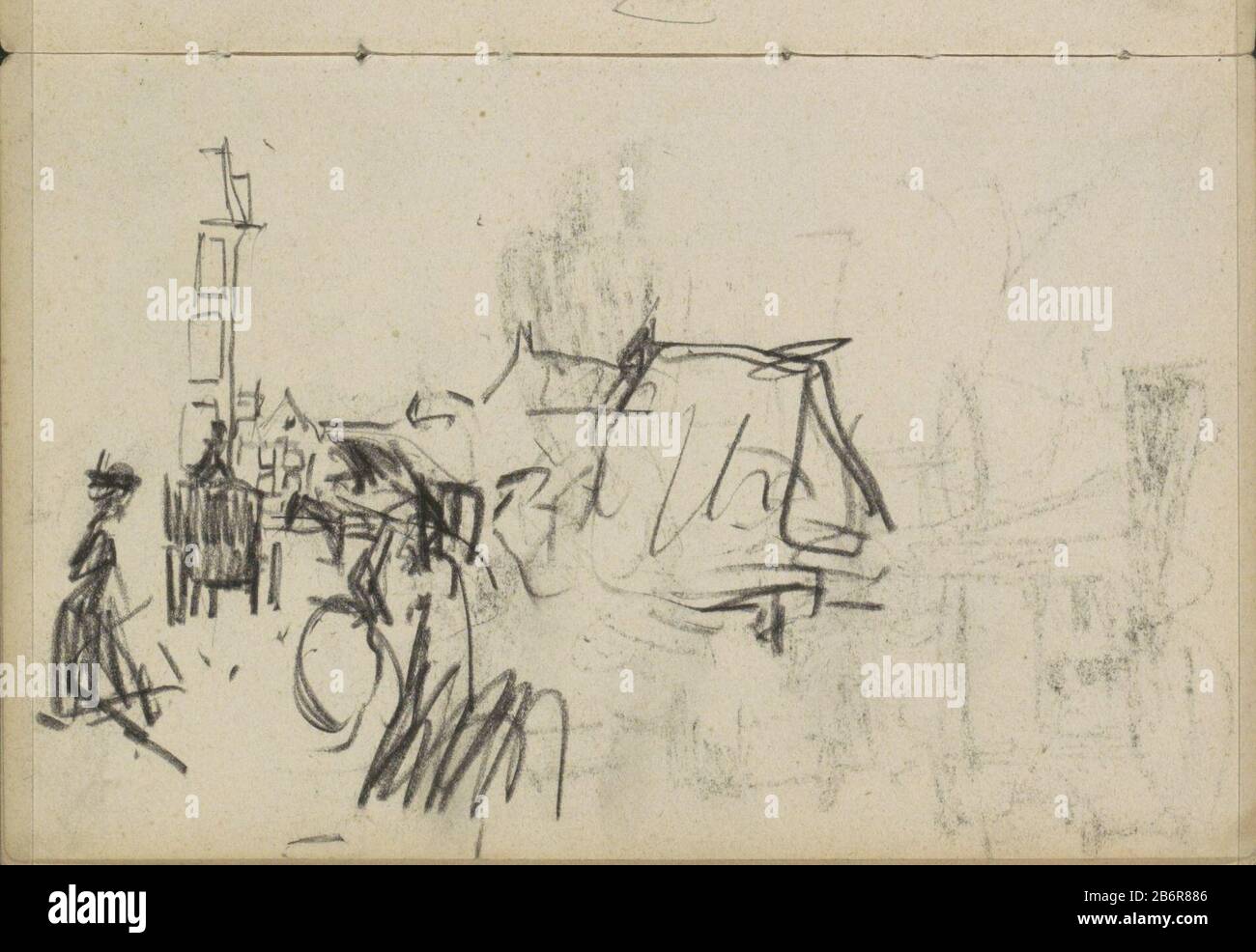 Gezicht op een straat of plein te Amsterdam Cityscape con carrozza e figure. Pagina 75 di uno sketchbook con 46 pale realizzate ad Amsterdam, Haarlem e Anversa. Produttore : artista George Hendrik Breitner Luogo fabbricazione: Amsterdam Data: 1886 - 1908 caratteristiche Fisiche: Gesso nero materiale: Carta Soggetto gesso: Strada (+ città (-paesaggio) con figure, personale) urbano casa piazza, luogo, circo, etc.quattro ruote, veicolo disegnato da animali, ad esempio: Cabina, carrozza, pullman dove Amsterdam Foto Stock