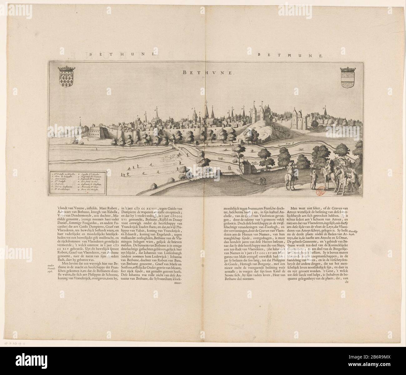 Vista e descrizione di Bethune. In alto a sinistra del braccio di Betania viso della contea Artois. Braccio superiore destro di Bethune. In basso a sinistra una scatola con il tasto 1-14. Con testo olandese vero. Produttore : stampatore: Editore anonimo John Willemszoon Blaeu Luogo fabbricazione: Amsterdam Data: 1652 caratteristiche Fisiche: Acquaforte e engra; con testo nella stampa letterpressa per recto e verso materiale: Carta Tecnica: Acquaforte / engra (processo di stampa) / letterpress formato: Bordo lastra: H 230 mm × W 528 mmblad: H 564 mm × W 662 mmToelichtingPrent utilizzato in: Blaeu, Johannes Willem Son. Visualizza Neel della cravatta Foto Stock