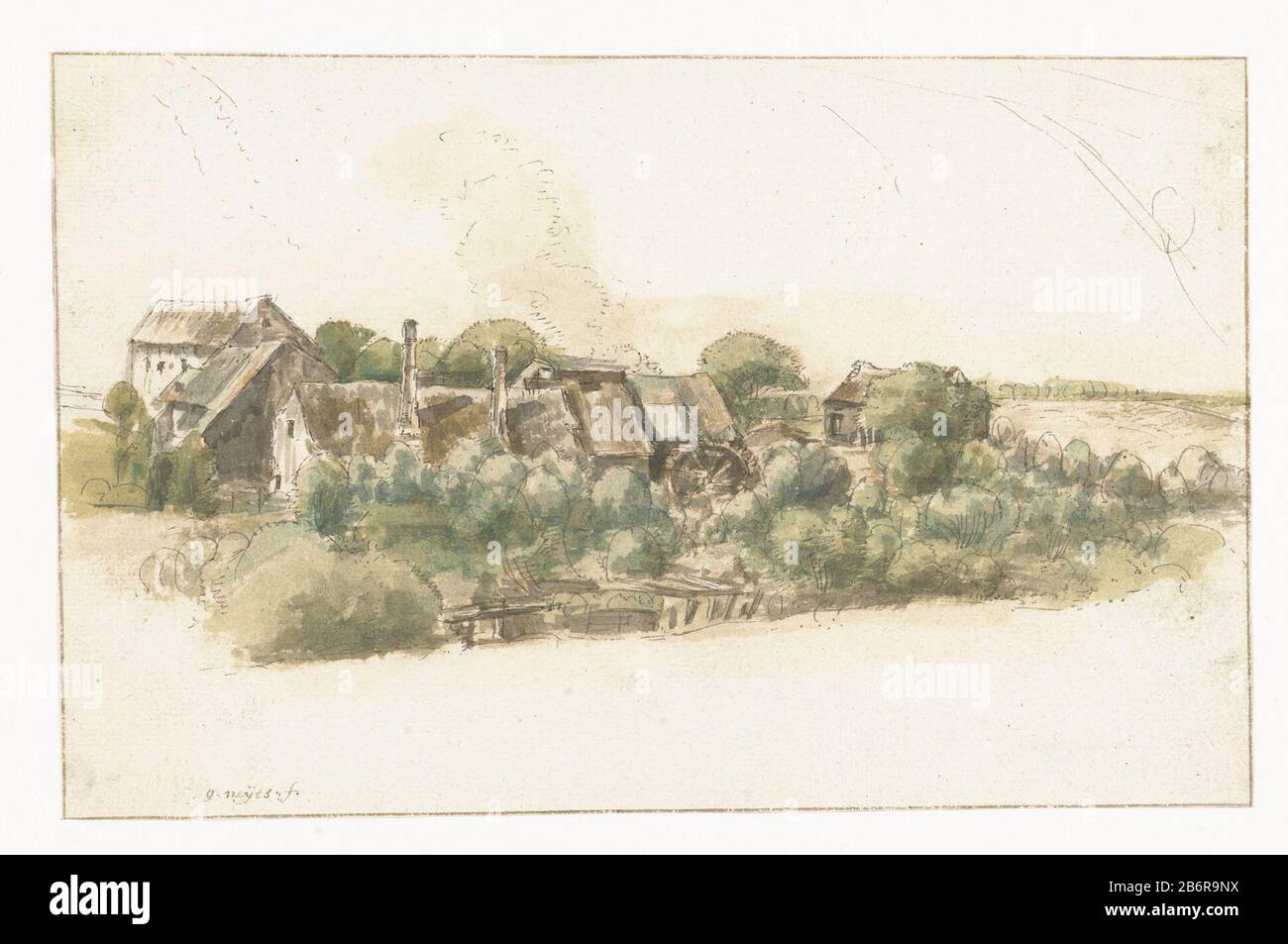 Gezicht op enkele huizen en een watermolen tussen bomen Vista di alcune case e di un mulino ad acqua tra gli alberi tipo Di Oggetto: Disegno acquerello numero articolo: RP-T-1889-A 1930 Iscrizioni / marchi' sul Kuyer' fabbricante : artista: Gilles Neyts Data: 1633 - 1687 caratteristiche Fisiche: Penna in marrone; Pennello in acqua vernice a colori materiale: Carta acquerello Tecnica: Dimensioni spazzola: 122 mm × H 192 mm Soggetto b: Acqua, mulino ad acqua in prospettiva paesaggistica o villaggio, silhouette o villaggio Foto Stock