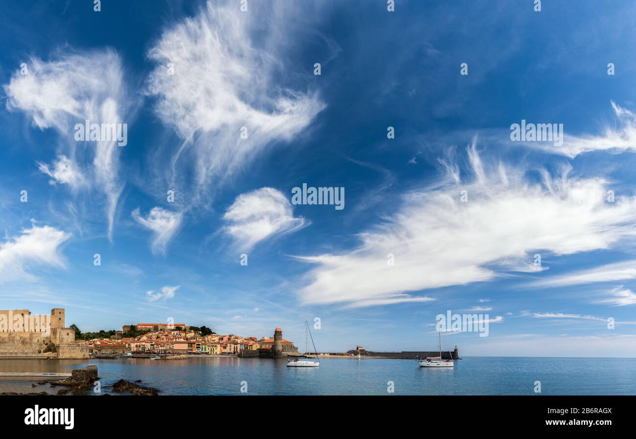 La città di Collioure e il suo porto in Linguadoca, Pirenei Orientali, Francia Foto Stock