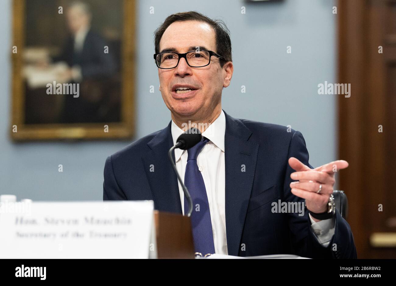 Washington, Stati Uniti. 11th Mar, 2020. Steven Mnuchin, Segretario, Dipartimento del Tesoro, parla al Comitato della Camera in merito alla sottocommissione Di Appropriazione per lo Stato, le operazioni estere, e programmi Correlati udienza sul Dipartimento del Tesoro richiesta di bilancio per FY2021. Credit: Sopa Images Limited/Alamy Live News Foto Stock