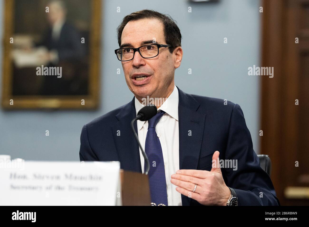 Washington, Stati Uniti. 11th Mar, 2020. Steven Mnuchin, Segretario, Dipartimento del Tesoro, parla al Comitato della Camera in merito alla sottocommissione Di Appropriazione per lo Stato, le operazioni estere, e programmi Correlati udienza sul Dipartimento del Tesoro richiesta di bilancio per FY2021. Credit: Sopa Images Limited/Alamy Live News Foto Stock