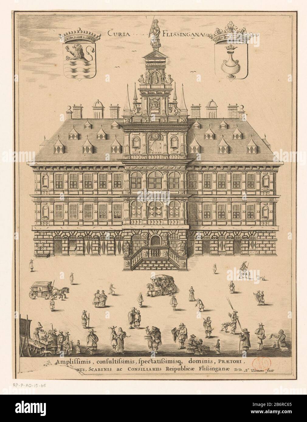 Gezicht op het Oude Stadhuis te Vlissingen Curia Flissingana (titel op Object) Vista del Municipio storico di Vlissingen, situato sul Grote Markt. In alto a sinistra le braccia della Zelanda, al centro del titolo e il braccio destro di Vlissingen. Per il municipio numerose figure e carrozze. Nel quadro del contratto di prestazione in due righe in latino. Questa sala sarebbe verwest. Produttore durante il bombardamento del 1809: Il printmaker Hendrik Udemans (edificio elencato) commissionato da Hendrik Udemans (edificio elencato) dedicato a: Sindaci, aldermen e consiglieri di Vlissingen Schout (proprietà quotata in borsa) Place Maker Foto Stock