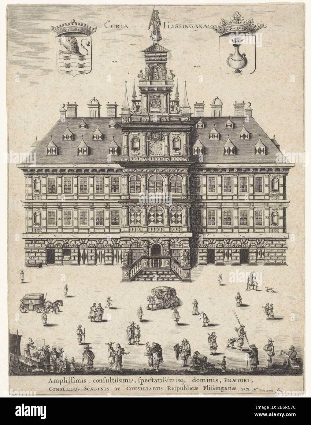 Gezicht op het Oude Stadhuis te Vlissingen Curia Fissingana (titel op Object) Si Affaccia sul Vecchio Municipio di Vlissingen, situato sul Grote Markt. In alto a sinistra le braccia della Zelanda, al centro del titolo e il braccio destro di Vlissingen. Per il municipio numerose figure e carrozze. Nel quadro del contratto di prestazione in due righe in latino. Questa sala sarebbe verwest. Produttore durante il bombardamento del 1809: Stampatore Hendrik Udemans (edificio elencato) commissionato da Hendrik Udemans (edificio elencato) dedicato a: Sindaci, aldermen e consiglieri di Vlissingen Schout (proprietà quotata) Luogo di produzione Foto Stock