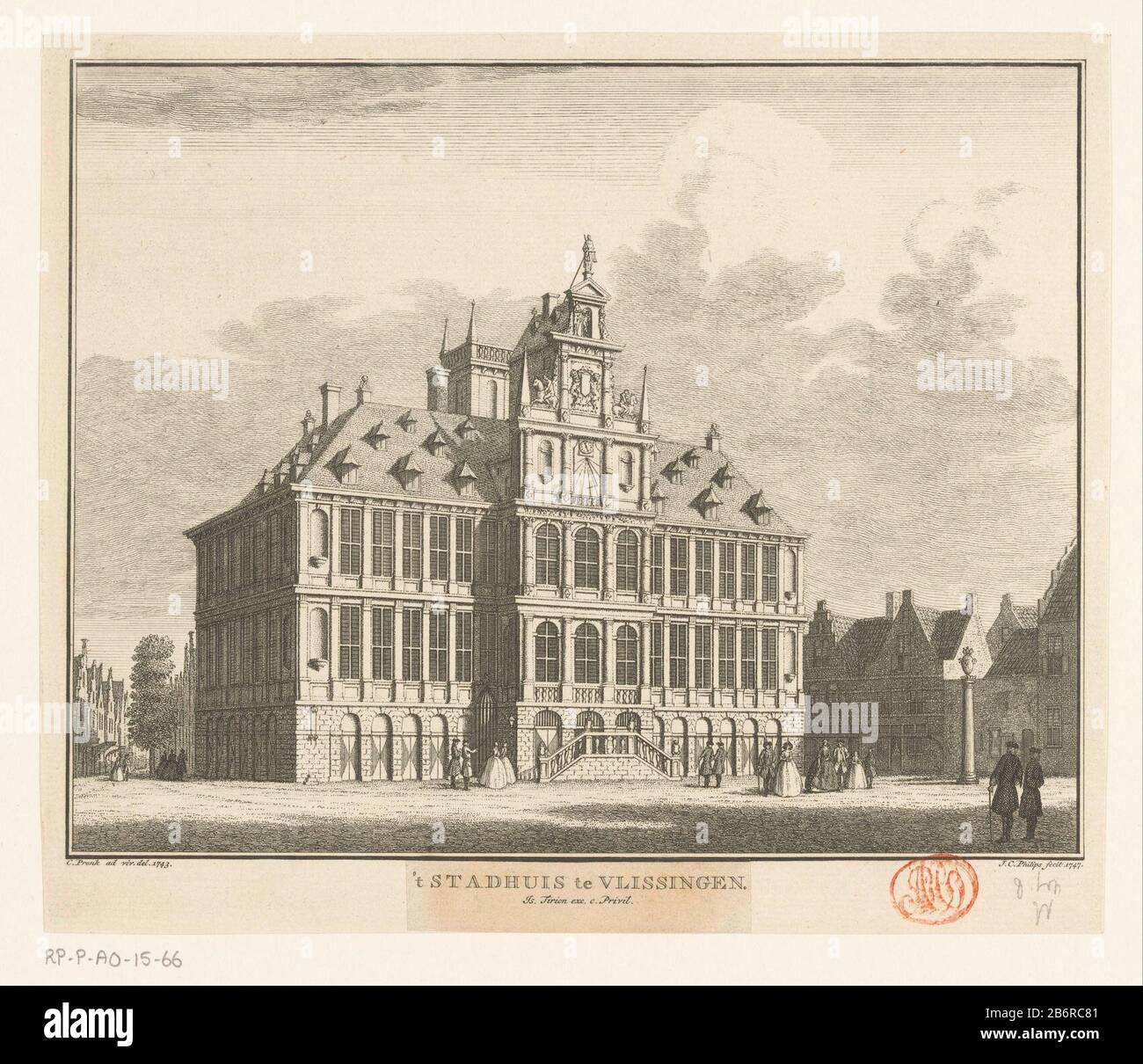 Gezicht op het Oude Stadhuis te Vlissingen, 1743 't Stadhuis te Vlissingen (Titel op Object) Vista del vecchio Municipio Vlissingen, situato sul Grote Markt, nella situazione intorno al 1743. Questo sarebbe municipio durante il bombardamento del 1809 verwoest. Produttore : stampatore Jan Caspar Philips (edificio elencato) per il disegno di Cornelis Pronk (edificio elencato) editore: Isaak Tirion (proprietà elencata) fornitore di privilegio: Stati dell'Olanda e della Frisia occidentale (indicato sull'oggetto) Luogo produzione: Amsterdam Data: 1747 - 1760 Materiale: Carta Tecnica: Incisione / incolla dimensioni: Bordo della piastra: H Foto Stock