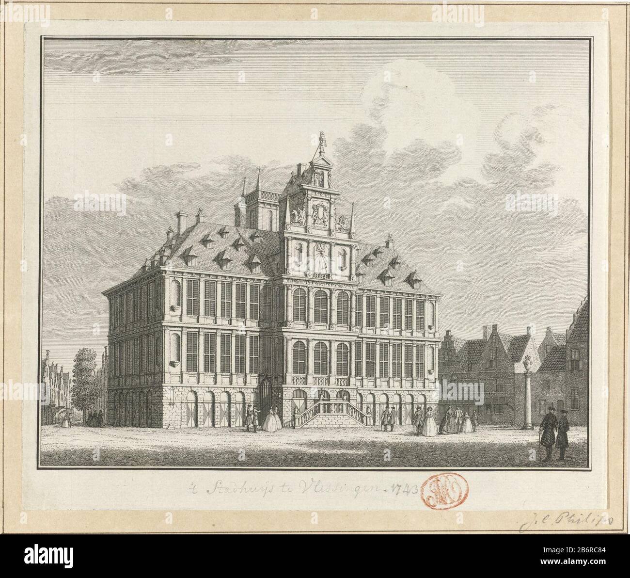 Gezicht op het Oude Stadhuis te Vlissingen, 1743 't Stadhuijs te Vlissingen 1743 (Titel op Object) Vista della vecchia Sala di Vlissingen, situata sul Grote Markt, nella situazione intorno al 1743. Il municipio sarebbe verwoest. Produttore durante il bombardamento del 1809: Stampatore Jan Caspar Philips al disegno: Cornelis Pronk Luogo fabbricazione: Amsterdam Data: 1743 - 1747 caratteristiche Fisiche: Matita per incisione; materiale di prova: Matita per carta Tecnica: Incisione dimensioni: Foglio: 176 mm × H 209 b mmToelichtingTweede Stato di stampa utilizzato anche in: Boddaert, Pieter et al Allo stato Attuale degli Stati Uniti d'Olanda Foto Stock