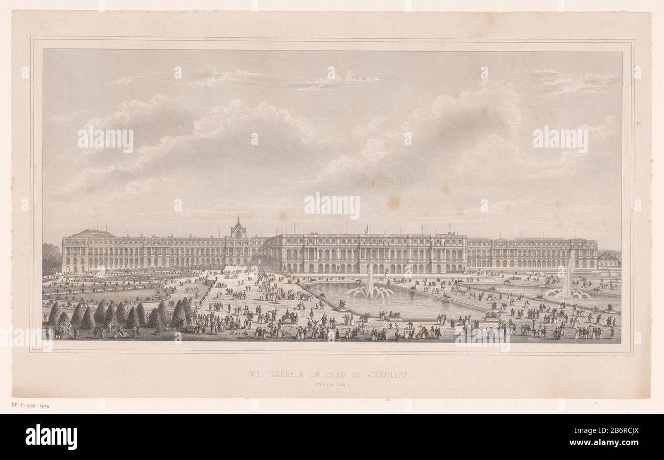 Gezicht op het Paleis van VersaillesVue générale du Palais de Versailles (titel op object) Tipo Oggetto : Pent Objectnummer: RP-P-1909-1709 Iscrizioni / Merken: Marchio del collezionista , vero, gestempeld: Lugt 2228 Produttore : Pentmaker: Jacques Joseph Huguenet (toegeschreven aan) dating: 1825 - 1870 Materiale: Techniek: H 290 mm (binnen plaatand afgesneden) × b 478 mm (binnen plaatand afgesneden) Oggetto: Vista della città in generale; 'verduta'palacewater-works in giardino Foto Stock