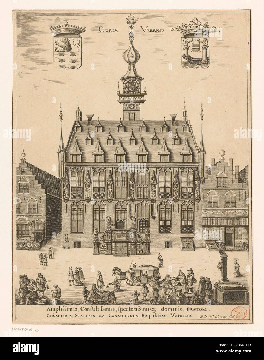 Gezicht op het stadhuis van Veere Curia Verensis (titel op Object) Vista del municipio di Veere. In alto a sinistra le braccia della Zelanda, al centro del titolo e il braccio destro di Veere. Per il municipio numerose figure, e un trasporto. In base al contratto di prestazione in due righe della Latijn. Produttore : stampatore Hendrik Udemans (edificio listato) commissionato da Hendrik Udemans (edificio listato) dedicato a: Sindaci, aldermen e consiglieri Veere Schout (proprietà listed) Luogo fabbricazione: Stampatore: Zelanda Dedicato da: Zelanda Dedicato a: Piuma Data: 1647 - 1659 Materiale: Carta piuma T. Foto Stock