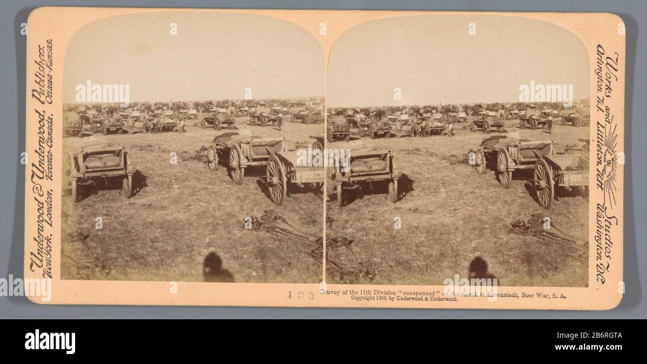 Gezicht op transportkarren onderweg naar Kroonstad, Zuid-Afrika convoglio della 11th Divisione in uscita il mese di marzo a Kroonstadt, Boer War, Sud Africa (titel op Object) Vedi carrelli Way a Kroonstad, Sud Africa convoglio della 11th Divisione in uscita il marzo a Crown Stadt, Boer War, Sud Africa (titolo oggetto) Tipo di proprietà: Immagine stereo numero articolo: RP-F F08997 Iscrizioni / marchi : iscrizione, recto, stampato: 'Opere e Studios  / Arlington, NJ Littleton, NH Washington, D.C.'nummer, recto, stampato: '103' Foto Stock