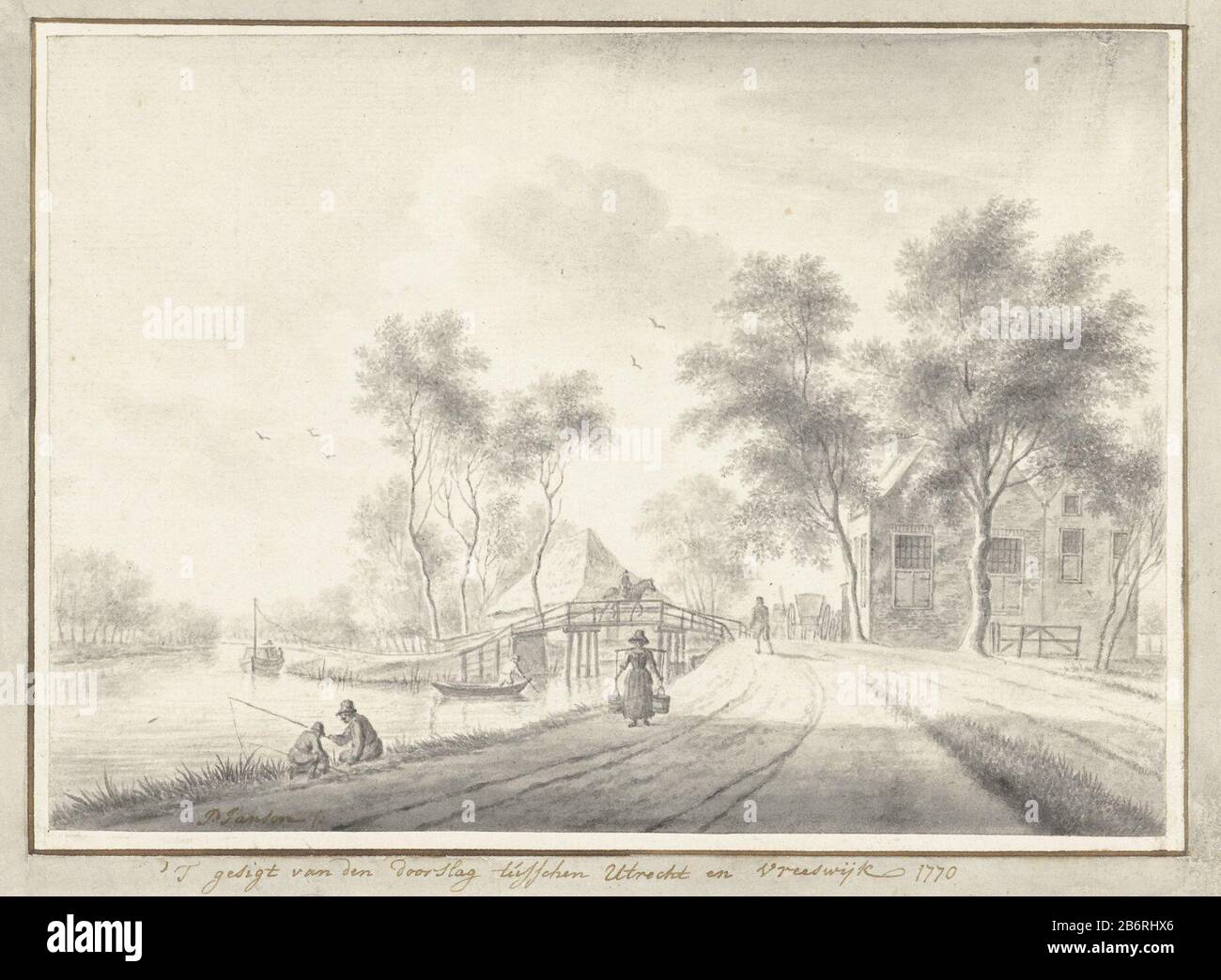 Gezicht van de doorslag tussen Utrecht en Vreeswijk Fronte della rottura tra Utrecht e Vreeswijk Oggetto tipo: Disegno numero Oggetto: RP-T-1954-210 fabbricante : artista John Janson Data: 1770 caratteristiche Fisiche: Penna o pennello in grigio materiale: Carta tecnica d'inchiostro: Dimensioni penna / pennello: H 147 mm × W 204 mm Oggetto: Nomi delle città e dei nomi dei villaggi: Utrecht Vreeswijk Foto Stock