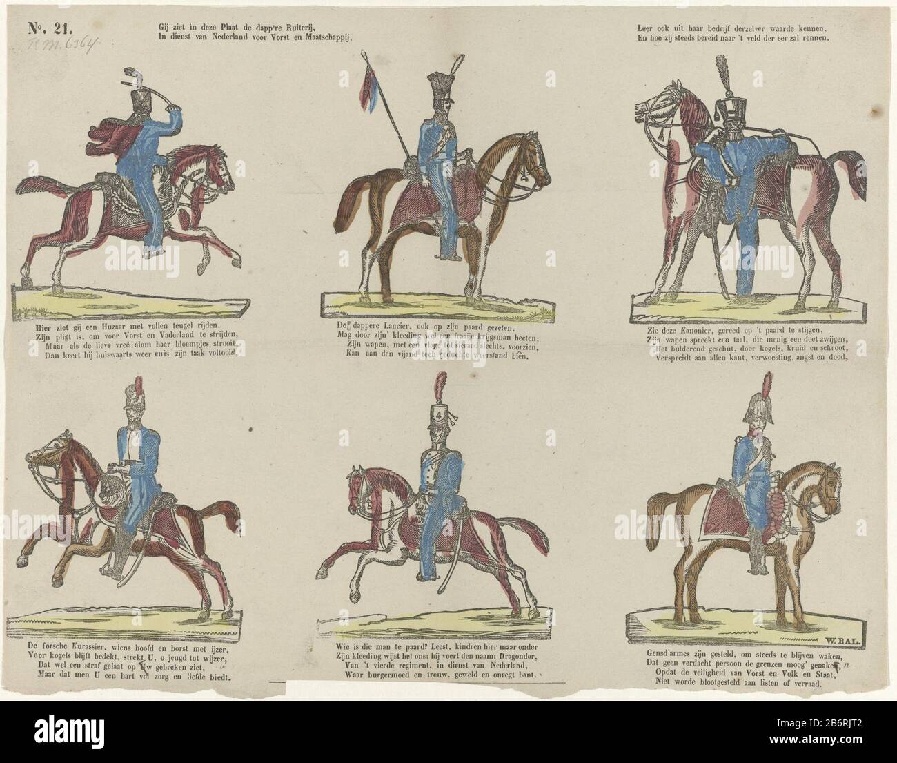 Gij ziet in deze Plat de dapp are Ruiterij, In dienst van Nederland voor Vorst en Maatschappij (titel op Object) Leaf con sei rappresentazioni di piloti della cavalleria olandese: Hussars, lancer, gunners, dragoni e gendarmi. Sotto ogni immagine una poesia a quattro righe. Numerato in alto a sinistra: N. 21. Ca. 1800-1850. Produttore : stampante: P.C.L. Staden Czn.prentmaker: William Ball (proprietà in elenco) Fabbricazione Del Luogo: Stampante: Amsterdam Stampa autore: Paesi Bassi Data: 1850 - 1870 caratteristiche Fisiche: Legno engra con stampa di testo, materiale colorato: Carta Tecnica: Legno engra / stampa / colore dimensioni: SH Foto Stock